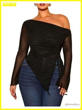 Plus Size Sheer Mesh Off Shoulder Top Long Sleeve Drawstring Asymmetrical Hem